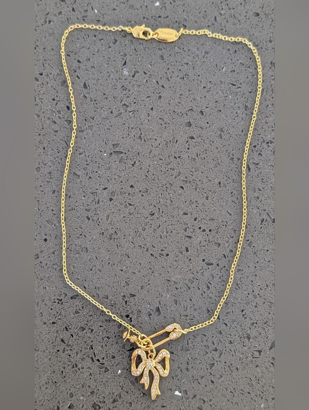 Gold Bow Safety Pin Pendant Necklace Inspired Fashion Jewelry